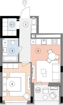 Планування квартири 1СП1, 48,5 м² з розстановкою меблів у ЖК БіоРитм