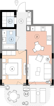 Планування квартири 1СП1, 59,1 м² з розстановкою меблів у ЖК БіоРитм