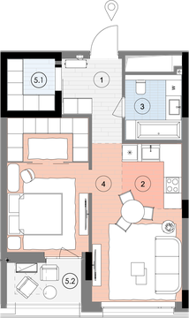 Планування квартири 1СП2, 55,1 м² з розстановкою меблів у ЖК БіоРитм