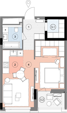 Планування квартири 1СП3, 54,2 м² з розстановкою меблів у ЖК БіоРитм