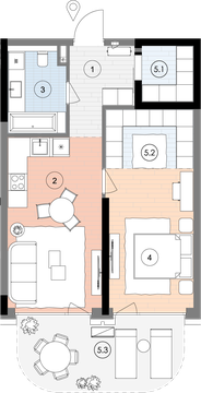 Планування квартири 1СП3, 63,5 м² з розстановкою меблів у ЖК БіоРитм