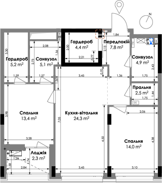 Планування квартири 2СП1, 83,9 м² у ЖК БіоРитм
