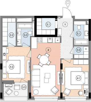 Планування квартири 2СП1, 83,9 м² з розстановкою меблів у ЖК БіоРитм