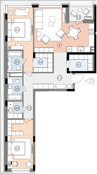 Планування квартири 2СП2, 115,1 м² з розстановкою меблів у ЖК БіоРитм