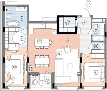 Планування квартири 2СП4, 116,5 м² з розстановкою меблів у ЖК БіоРитм