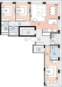 Планування квартири 3СП1, 137,7 м² з розстановкою меблів у ЖК БіоРитм