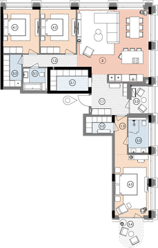 Планування квартири 3СП1, 141,5 м² з розстановкою меблів у ЖК БіоРитм