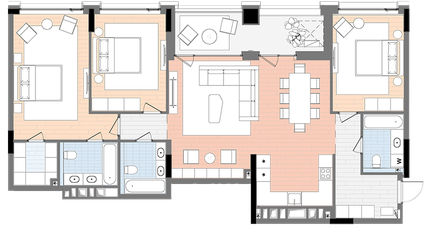 Планування квартири 3СП2, 137,6 м² з розстановкою меблів у ЖК БіоРитм