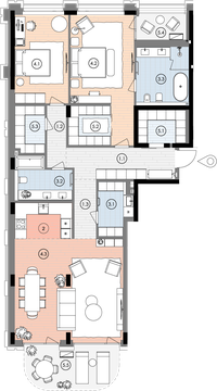 Планування квартири 3СП2, 156,5 м² з розстановкою меблів у ЖК БіоРитм
