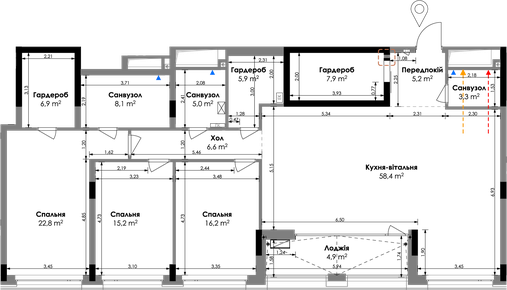 Планування квартири 3СП3, 166,4 м² у ЖК БіоРитм
