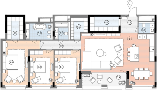 Планування квартири 3СП3, 166,4 м² з розстановкою меблів у ЖК БіоРитм