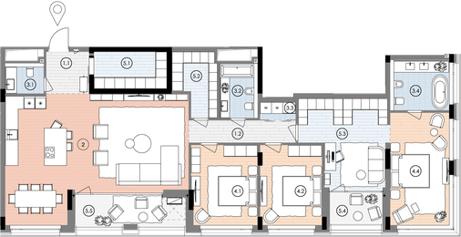 Планування квартири 3СП4, 180,5 м² з розстановкою меблів у ЖК БіоРитм