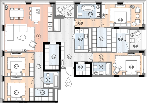 Планування квартири 4СП1, 192,9 м² з розстановкою меблів у ЖК БіоРитм